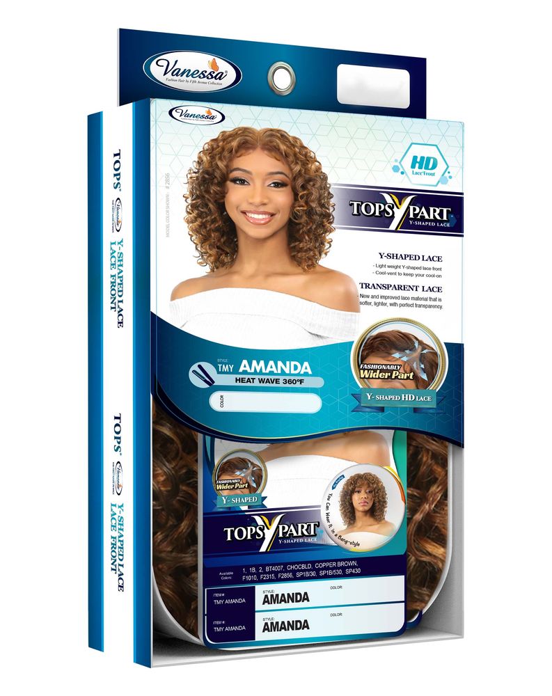 Packaging for Vanessa Synthetic Lace Wigs TMY AMANDA, showing a smiling woman with medium, voluminous TMY brown curly hair.