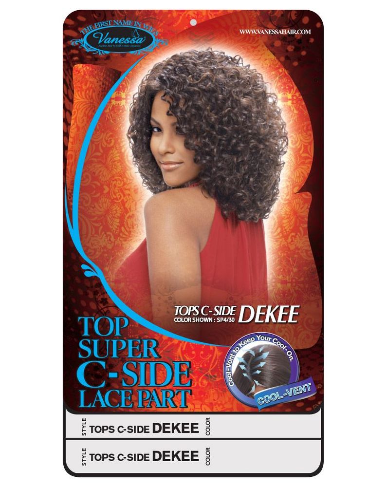 Packaging for Synthetic Lace Wigs TOPS C DEKEE. A woman models the wig with voluminous, shoulder-length dark brown curls.