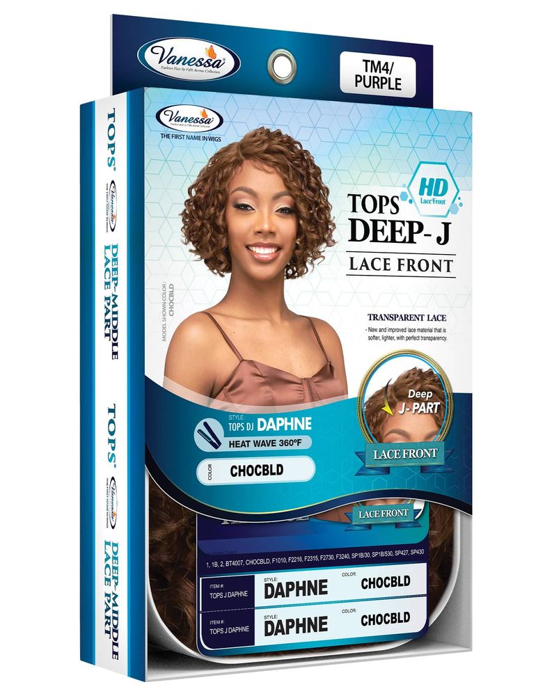 Packaging for Synthetic Lace Wigs TOPS DJ DAPHNE shows a smiling woman with a short, curly chocolate blonde bob.