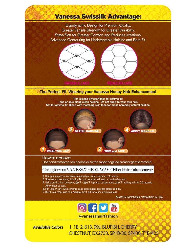 Info sheet for Synthetic Lace Wigs TOPS DM ALANTA 38. Details SwissSilk lace benefits, wig wearing steps, and care.