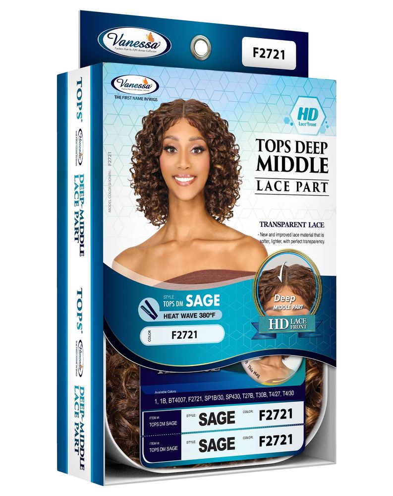 Packaging for TOPS DM SAGE synthetic lace wig. Woman models shoulder-length F2721 curly hair with a deep middle part.