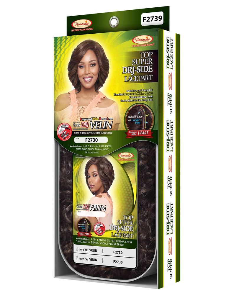 Packaging for TOPS DRJ VELIN lace wig, F2730, featuring a model with a wavy, chin-length brown bob and a close-up of dark ...