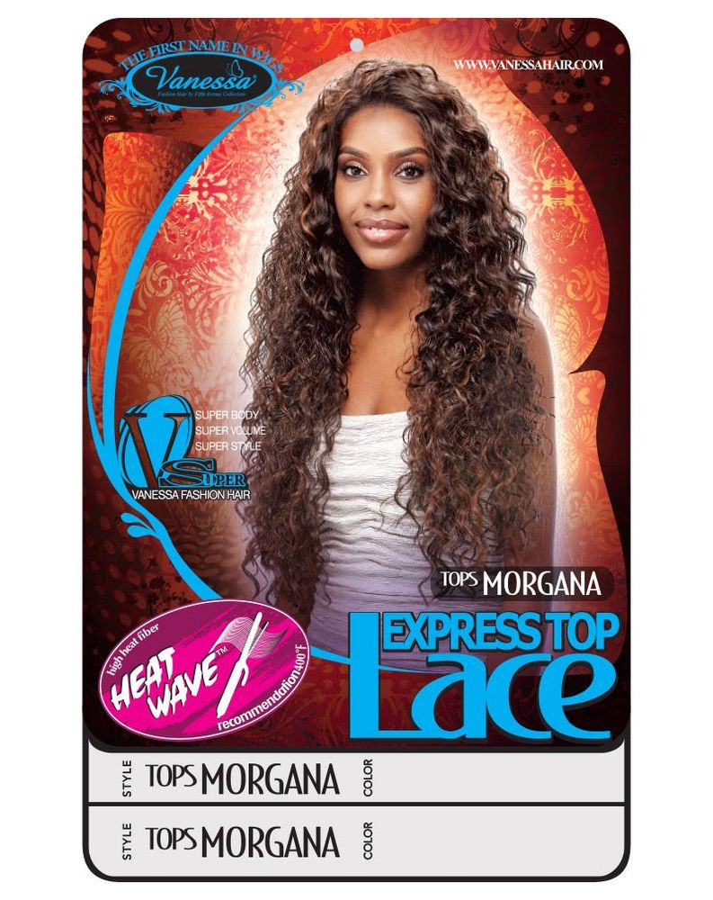 Synthetic Lace Wigs TOPS MORGANA packaging shows a model with long, voluminous dark brown curly hair.
