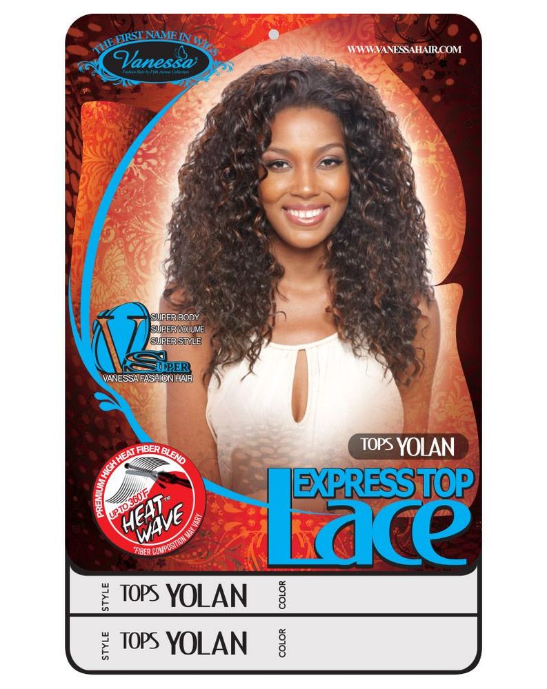 Synthetic Lace Wigs TOPS YOLAN packaging shows a smiling woman with long, dark brown, voluminous curly hair.