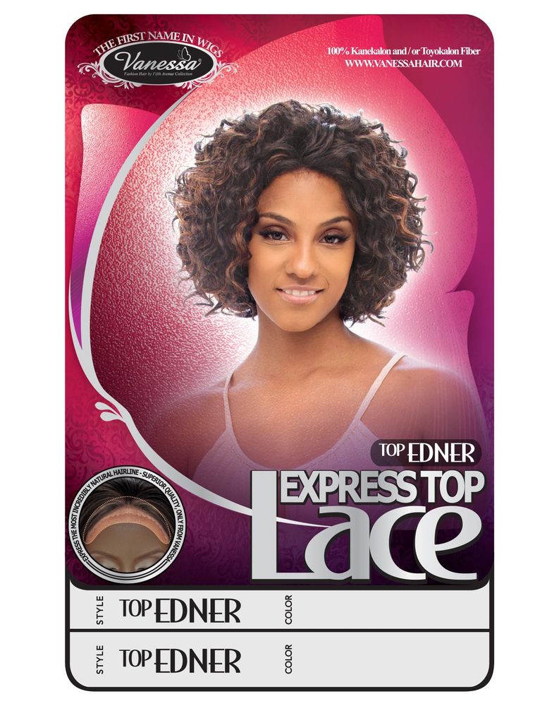 Packaging for Synthetic Lace Wigs TOP EDNER from Vanessa, featuring a smiling woman with a short, curly, dark brown wig.