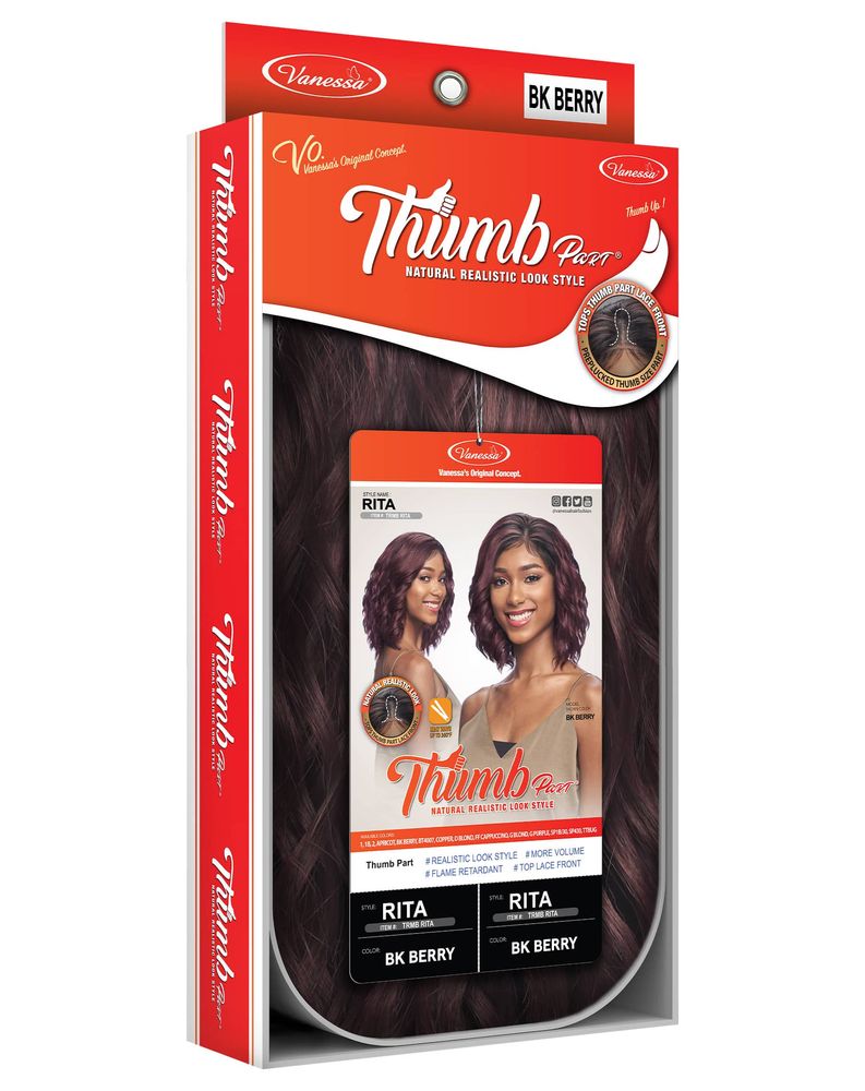 Packaging for Synthetic Lace Wigs TRMB RITA, featuring two models with shoulder-length, wavy, berry-red bobs.