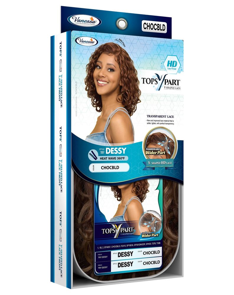 Packaging for Vanessa Synthetic Lace Wig TRY DESSY. Shows a smiling woman with wavy, shoulder-length, reddish-brown hair.