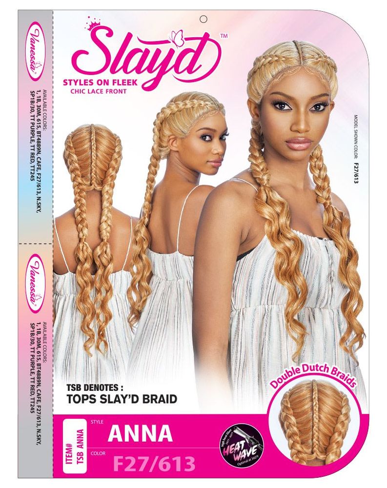 Synthetic Lace Wigs TSB ANNA packaging. Woman with long blonde hair in two thick Dutch braids and wavy ends.