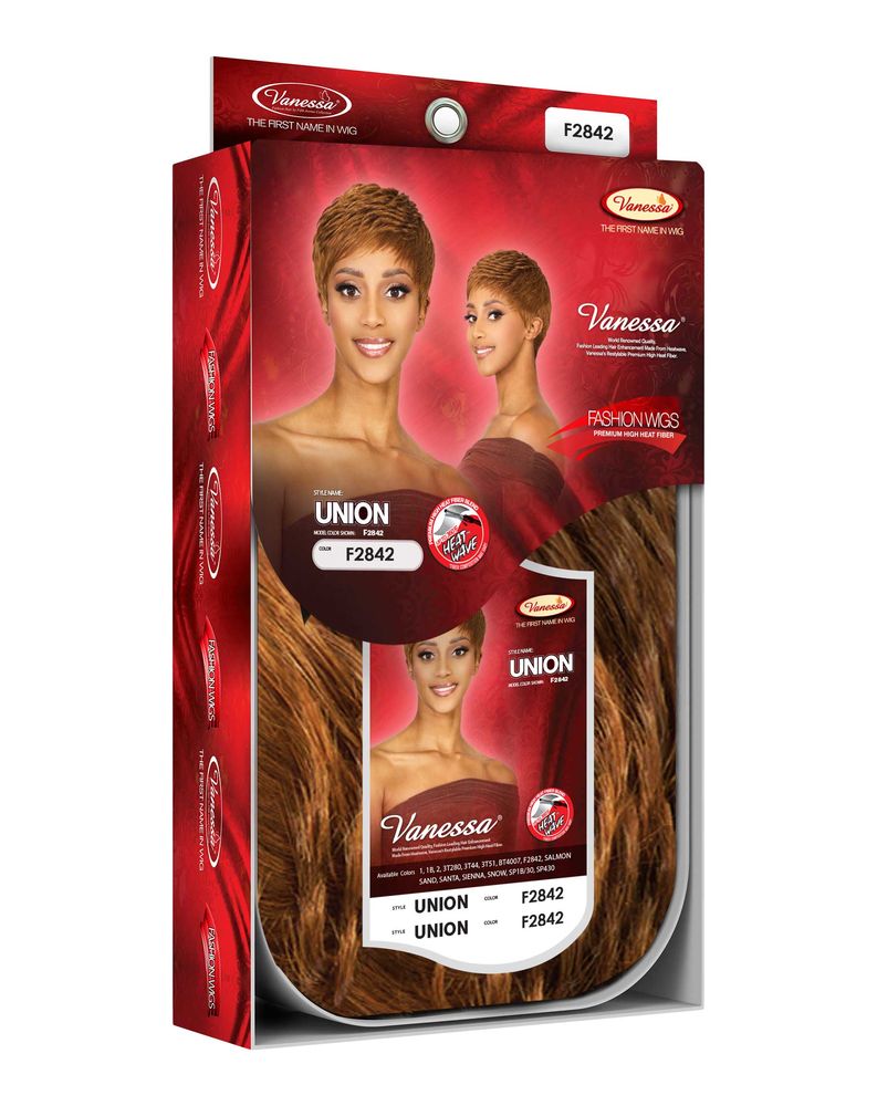 Vanessa UNION Synthetic Wig β Quick Volume packaging. Model in F2842 auburn short, layered pixie cut.