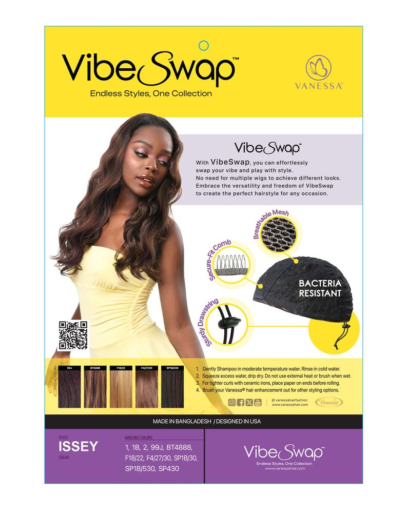 A woman models the Vanessa VIBE SWAP ISSEY Half Wig, featuring long, layered, wavy dark brown synthetic hair.