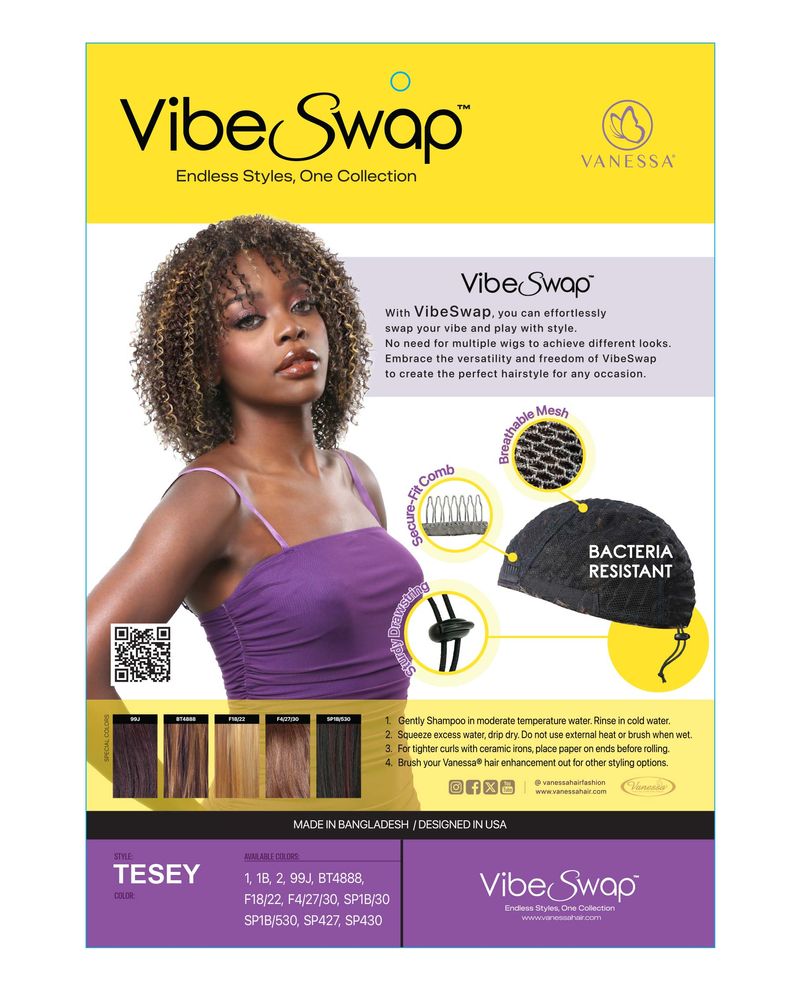 Woman wearing Vanessa VIBE SWAP TESEY Half Wig. Medium, voluminous curly dark brown hair with golden highlights.