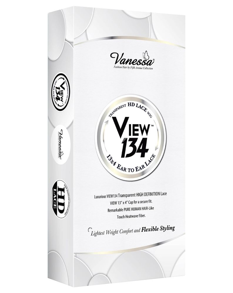 White box packaging for Vanessa Synthetic Lace Wigs VIEW134. Details mention 'Transparent HD Lace Wig' and '13x4 Ear to Ea...