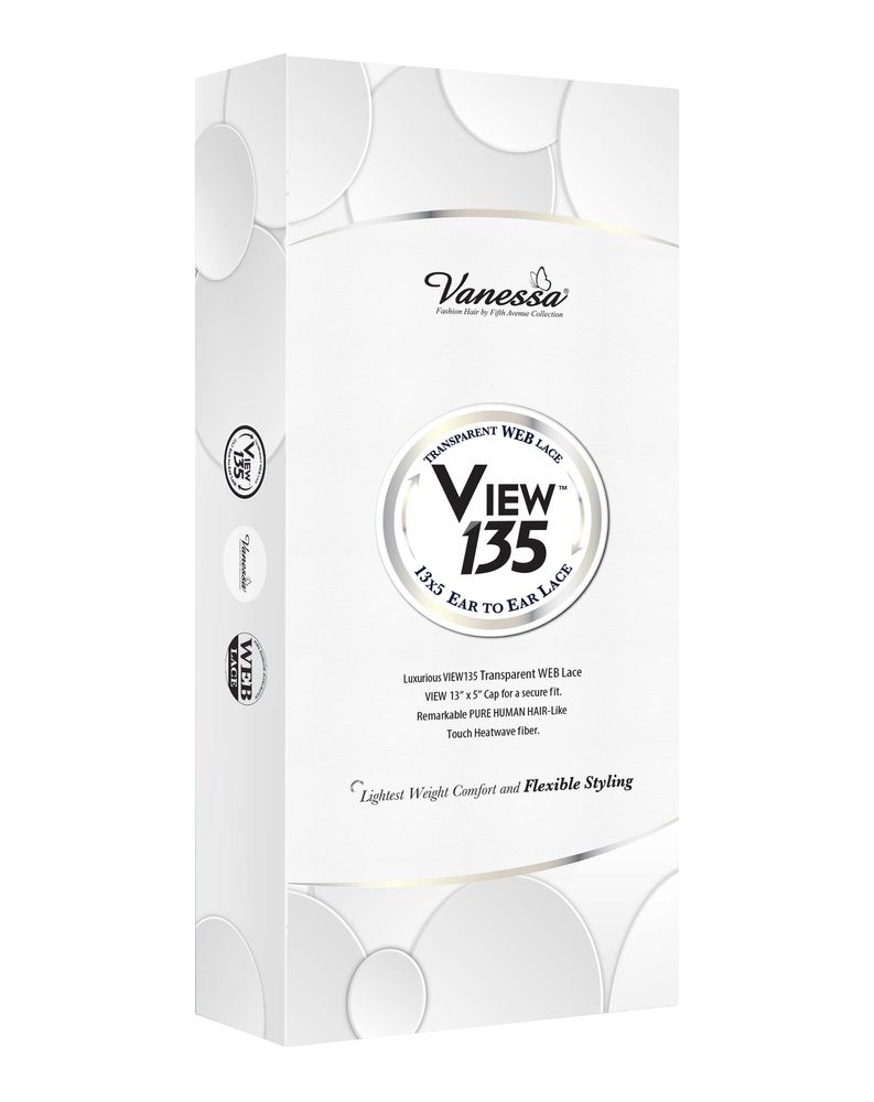 Product packaging for Synthetic Lace Wigs VIEW135 AKELA. A white box with the Vanessa logo and "VIEW 135 Transparent WEB L...
