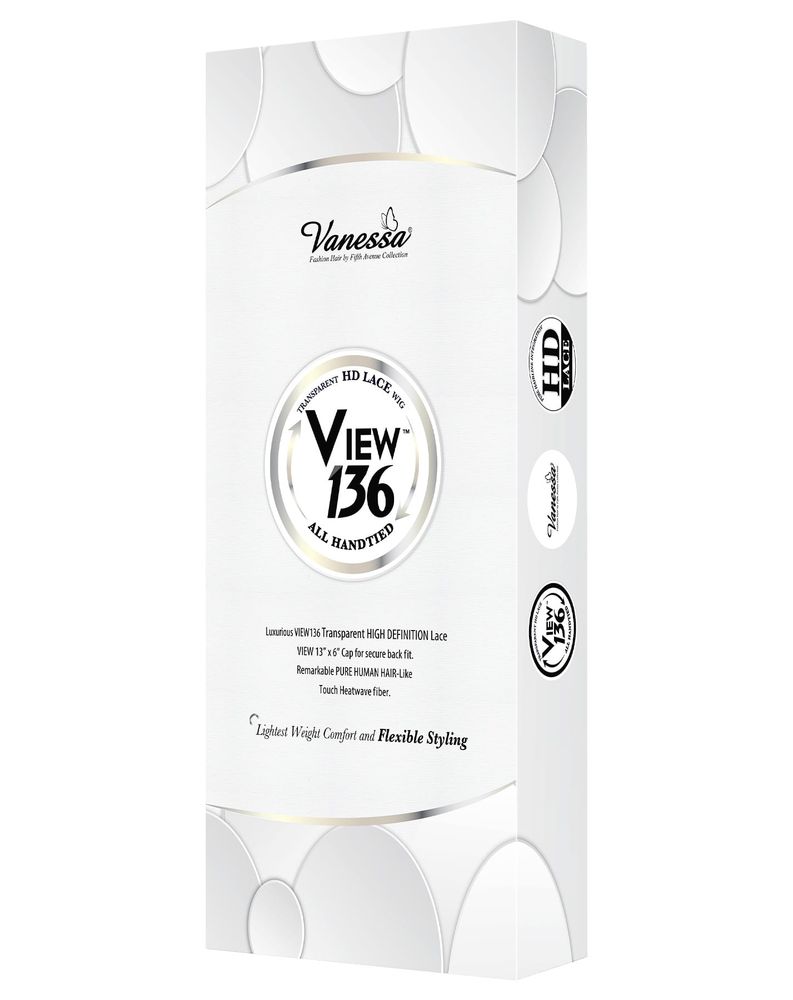 Product packaging for Synthetic Lace Wigs VIEW136 CELIA. White box with silver accents, "Vanessa" logo and "Transparent HD...