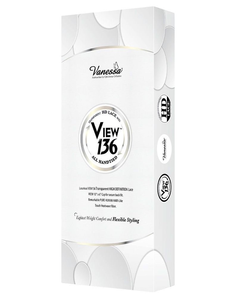 White product packaging for Synthetic Lace Wigs VIEW136, featuring 'Vanessa' and 'Transparent HD Lace Wig' branding.