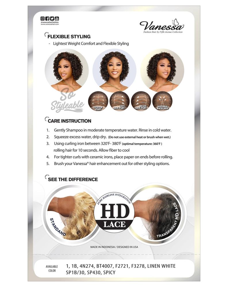 Product information graphic for Synthetic Lace Wigs VIEW44 GIO. Features models in short, dark, curly wigs and HD lace det...