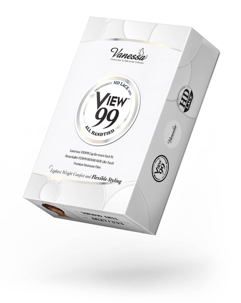 White Vanessa VIEW99 DELL synthetic lace wig product packaging box, featuring prominent silver 'HD Lace' and 'VIEW99' logos.