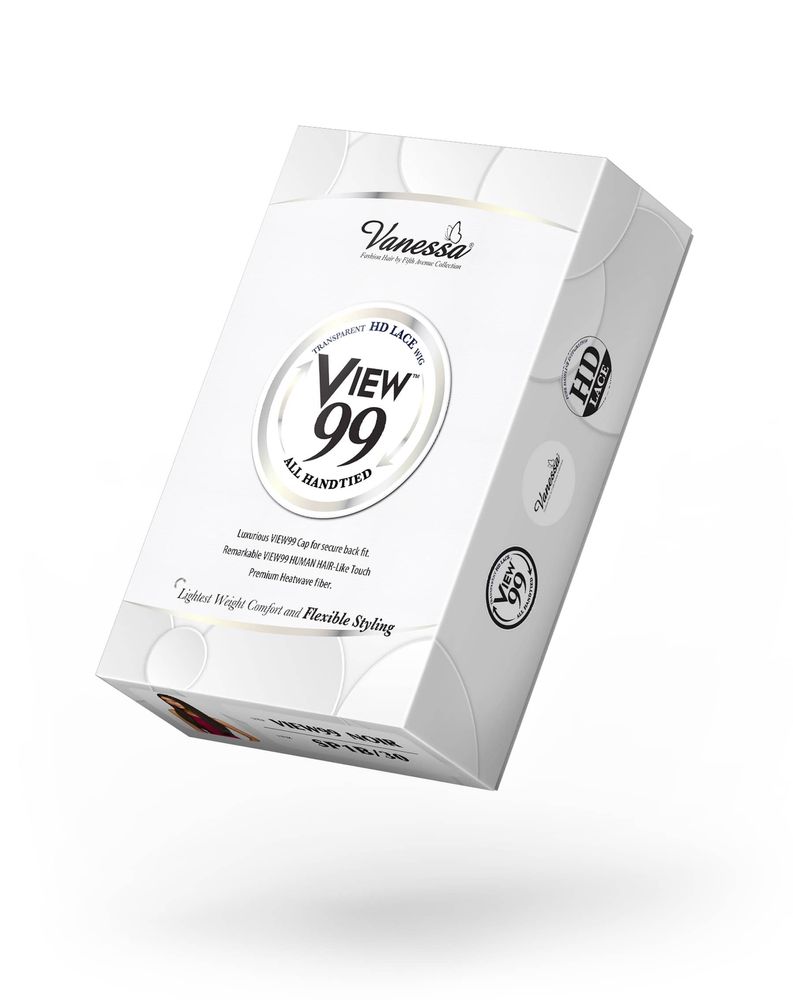 White product packaging for Vanessa Synthetic Lace Wigs VIEW99 NOIR, showing HD lace and handtied features.