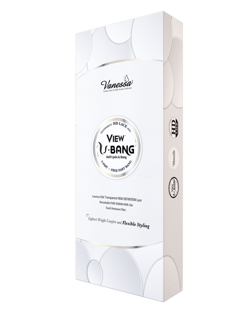 White product packaging for Synthetic Lace Wigs VIEW U-BANG CURL, featuring HD lace details and flexible styling.