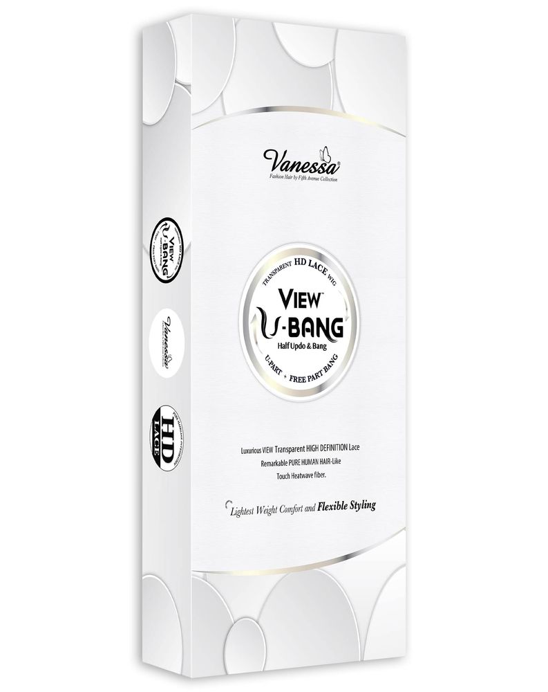 White product packaging for Synthetic Lace Wigs VIEW U-BANG WAVE, featuring silver accents and product details.