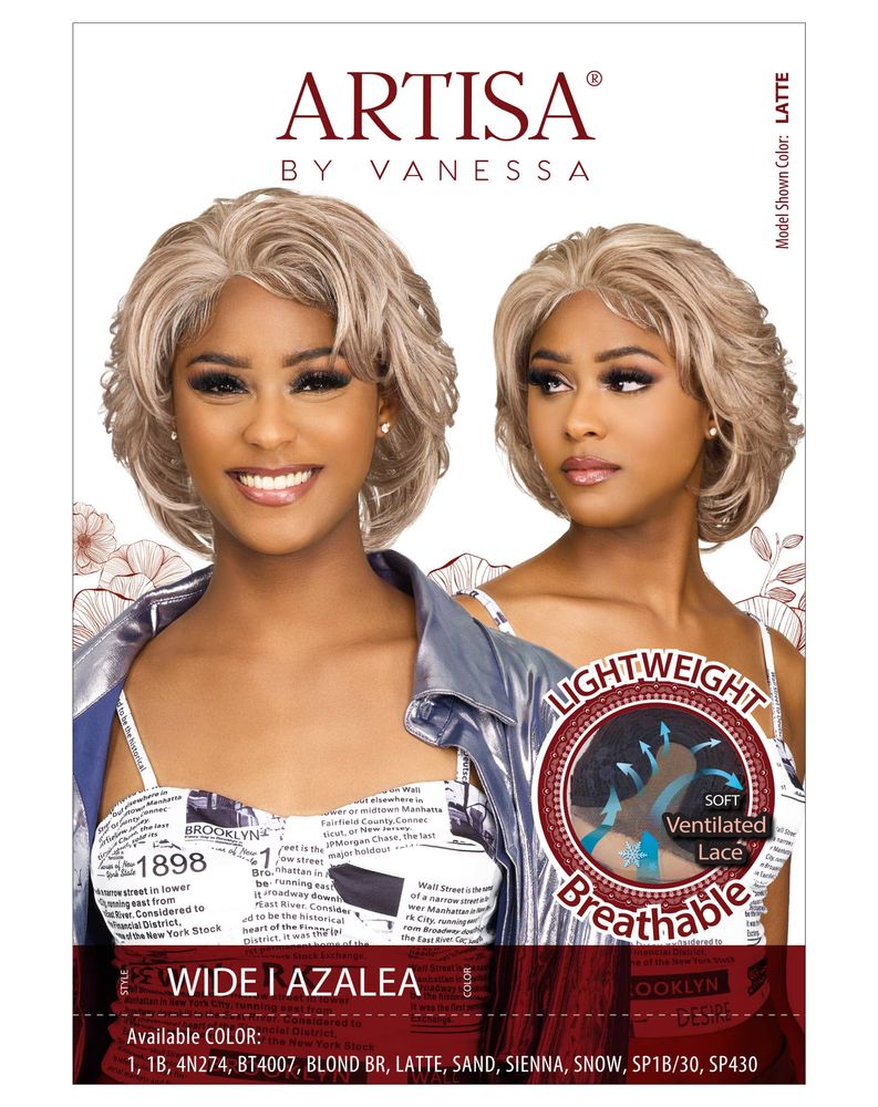 Packaging for Synthetic Lace Wigs WIDE I AZALEA. Models wear a short, wavy, layered latte blonde bob.