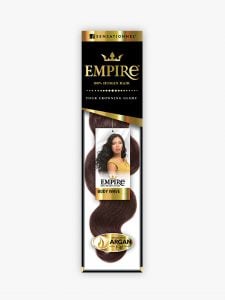 HH BODY WAVE 18 (EMPIRE) human hair packaging, featuring a model with dark brown wavy hair and a swatch.
