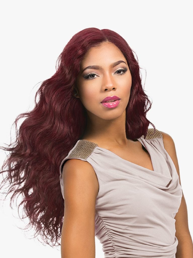Woman modeling HH BODY WAVE WVG 16 (EMPIRE) hair. It's long, voluminous dark red body waves with a side part.