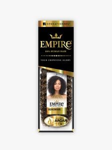 HH BOHEMIAN WVG 12 EMPIRE human hair product packaging. A woman with short, dark, very curly hair is featured.