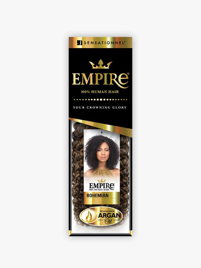 Packaging for HH BOHEMIAN WVG 14 (EMPIRE). Displays medium brown spiral curly extensions & woman with dark, tight curls.