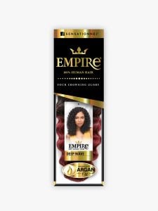EMPIRE HH DEEP WAVE WVG 14 product packaging. Shows a woman and a sample of dark to red ombre deep wave hair.
