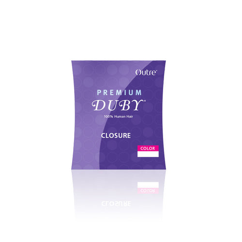 Purple product packaging for Outre Premium Duby Closure. It says 100% Human Hair and has a white color swatch area.