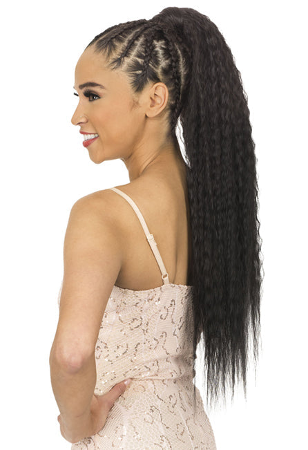 Woman models New Born Free PWS40 Wrap N Tail Ponytail. Features a very long, dark, kinky textured high ponytail with cornr...