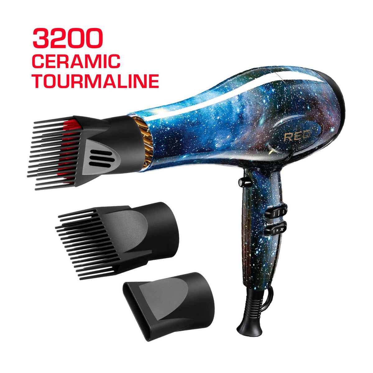 RED PRO 3200 Turbo Pro Detangler AC Dryer with a galaxy print design, displayed with three black attachments.