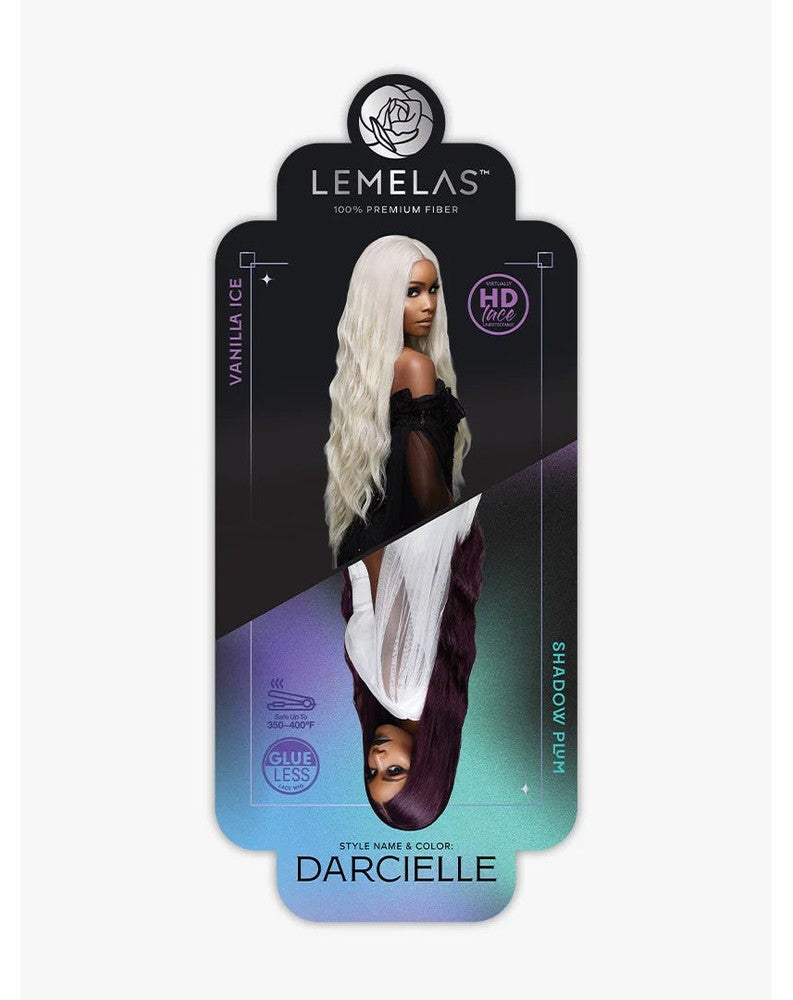 Lemelas Darcielle HD Glueless Lace Wig packaging with a woman modeling long, wavy platinum blonde and deep plum hair.