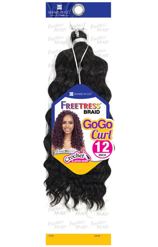 Freetress Braid GoGo Curl 12" packaging displays black wavy hair extensions. A model on the label wears reddish-purple tig...