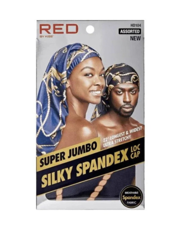 RED By Kiss Silky Spandex Super Jumbo Loc Cap packaging, with a woman in blue and a man in black caps.