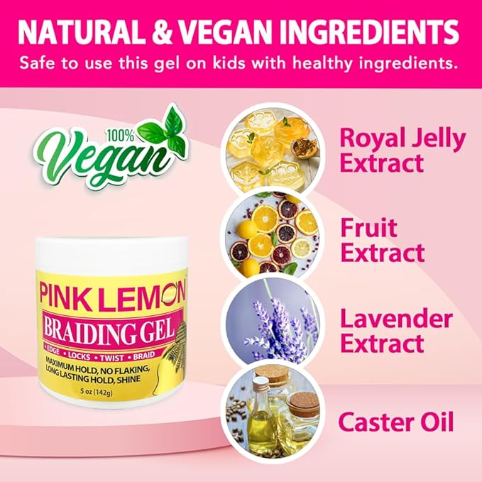 Product packaging for PINK LEMON BRAIDING GEL in a yellow tub with a white lid and a detailed product label.