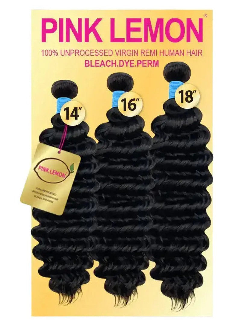 PINK LEMON 3 bundle deal packaging with three bundles of deep wave black human hair, 14, 16, 18 inches.