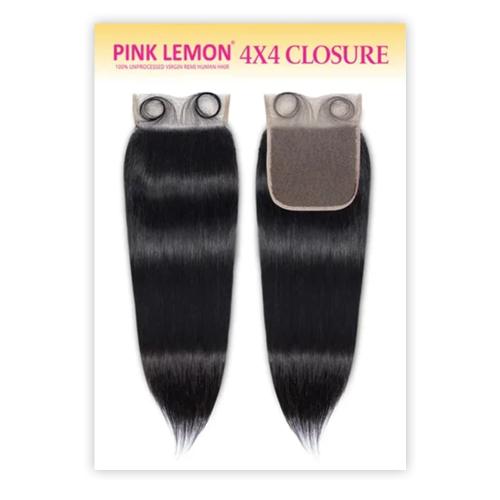 Pink Lemon 4x4 straight black human hair closure. Two pieces displayed, one top-side up, one showing the lace base.