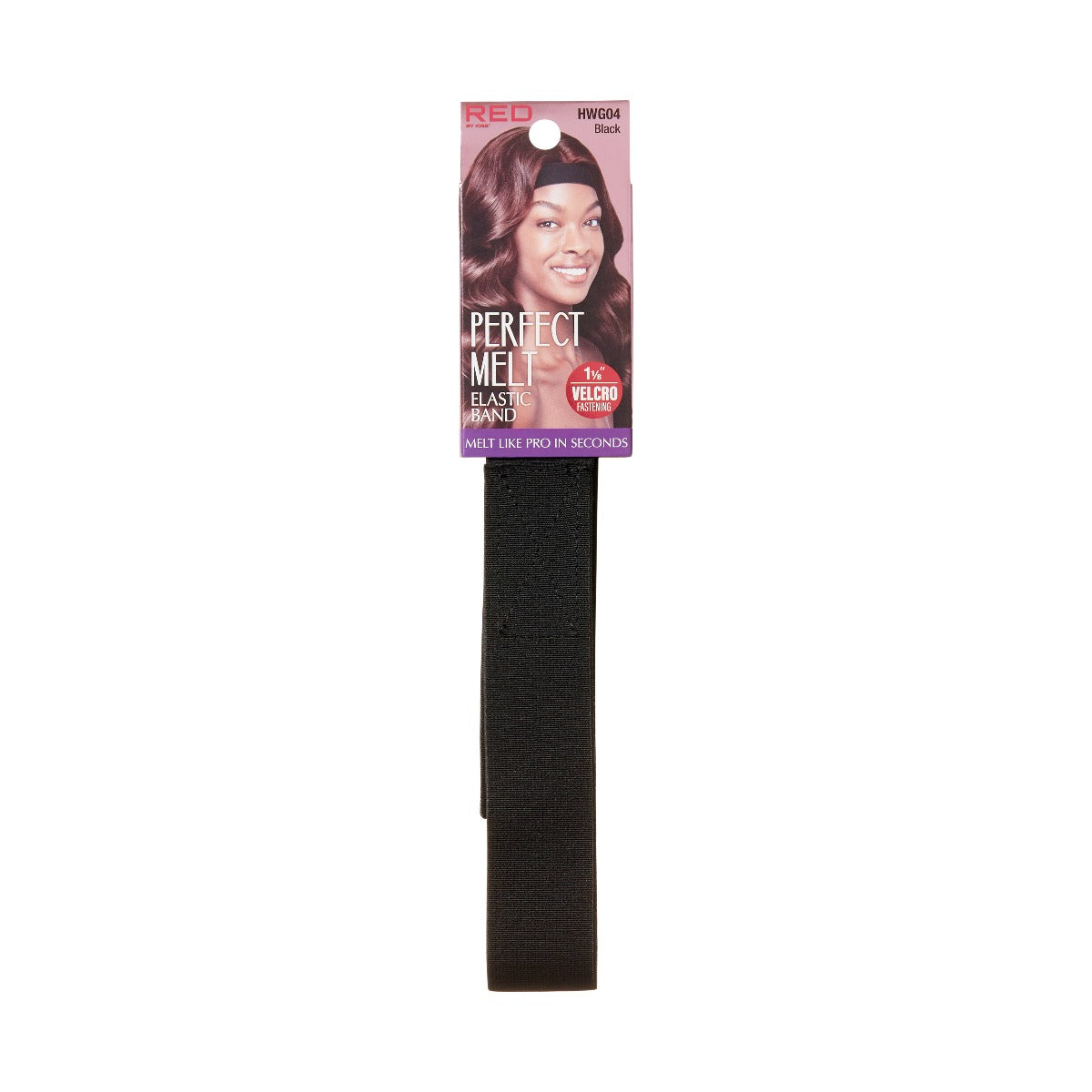 Packaging for Red by Kiss Perfect Melt Elastic Wig Band, Black (1 1/8"). Shows smiling woman with wig and black elastic band.