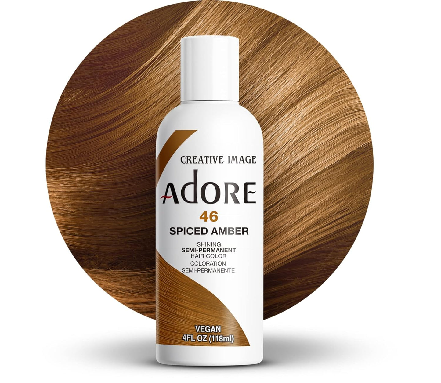 Creative Image Adore Semi-Permanent Hair Color bottle, Spiced Amber, with a shiny, straight amber hair swatch.