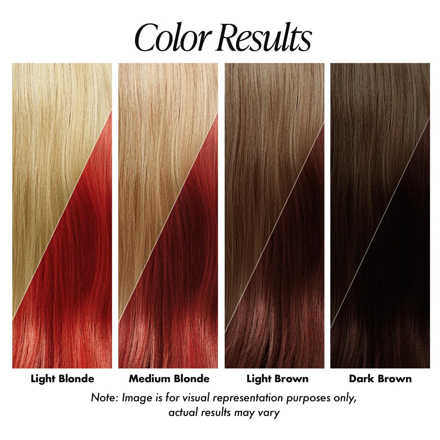 Color results for Adore #60 Truly Red. Swatches show vibrant to deep red shades on light blonde to dark brown base hair.