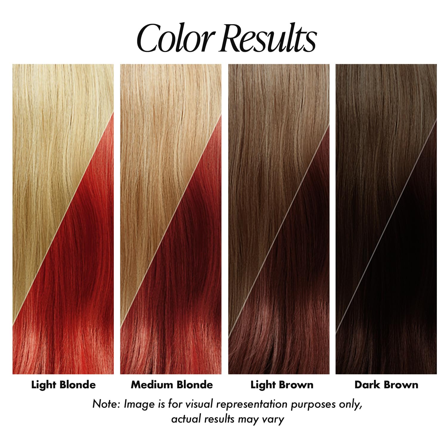 Color results for Adore #60 Truly Red. Swatches show vibrant to deep red shades on light blonde to dark brown base hair.