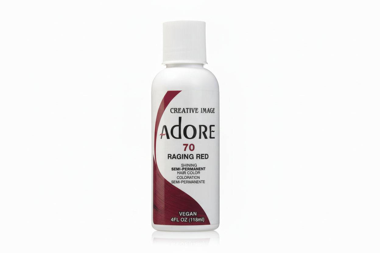Product packaging for Creative Image Adore Semi-Permanent Hair Color #70 Raging Red, a white bottle with red label details.