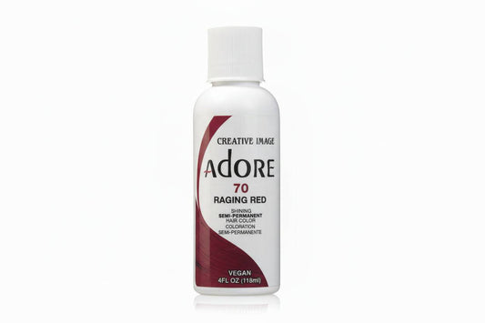 Product packaging for Creative Image Adore Semi-Permanent Hair Color #70 Raging Red, a white bottle with red label details.