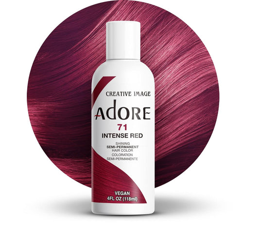 Creative Image Adore Semi-Permanent Hair Color #071 Intense Red packaging. Behind it, a rich, intense red hair swatch.