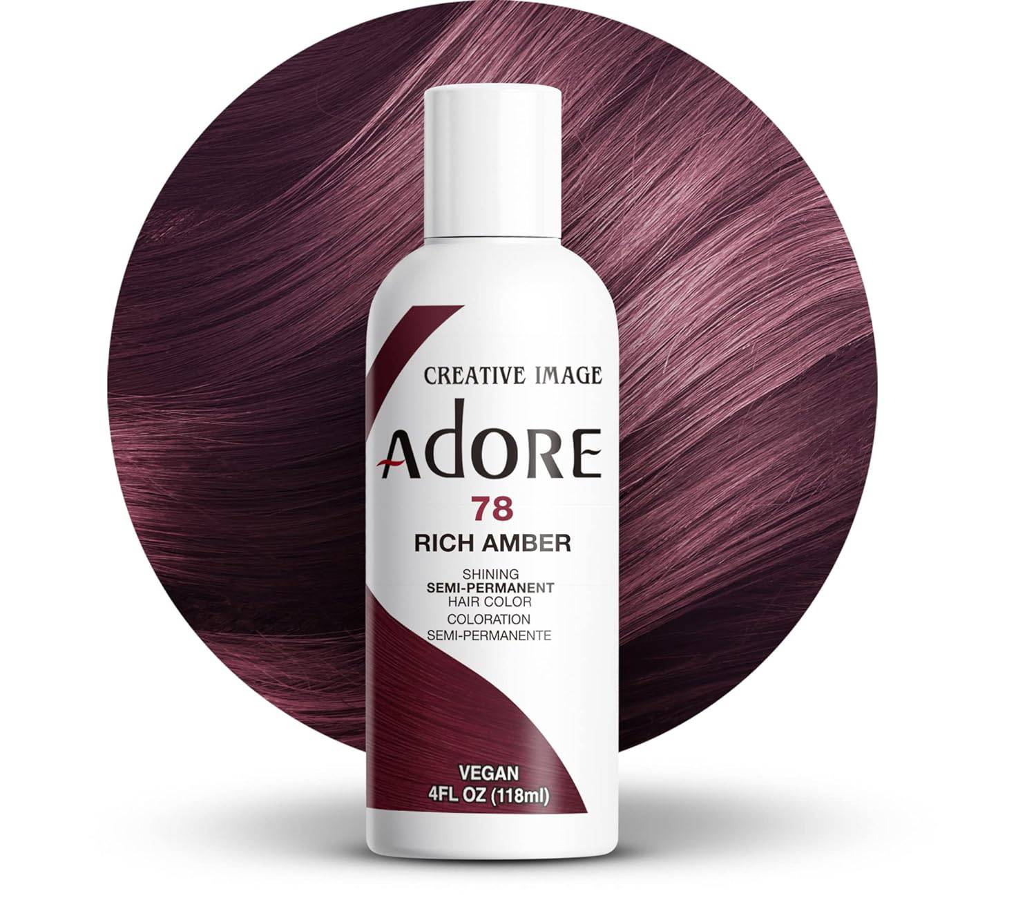 Creative Image Adore Rich Amber #78 hair color bottle in front of a smooth, straight deep reddish-purple hair swatch.