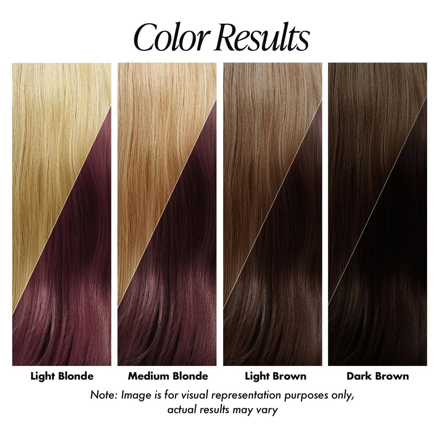Adore Rich Amber hair color results shown on light blonde, medium blonde, light brown, and dark brown hair.