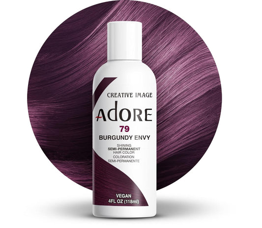 Creative Image Adore Burgundy Envy hair color bottle and a smooth, rich dark burgundy hair color swatch.