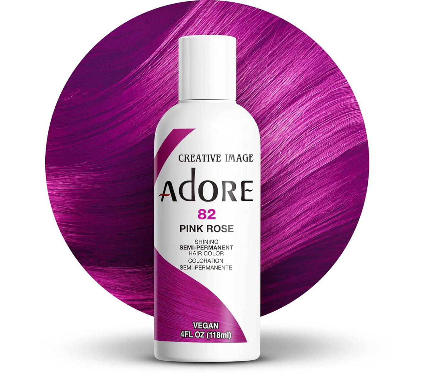 Creative Image Adore #82 Pink Rose hair color product packaging with a vibrant magenta hair swatch behind it.